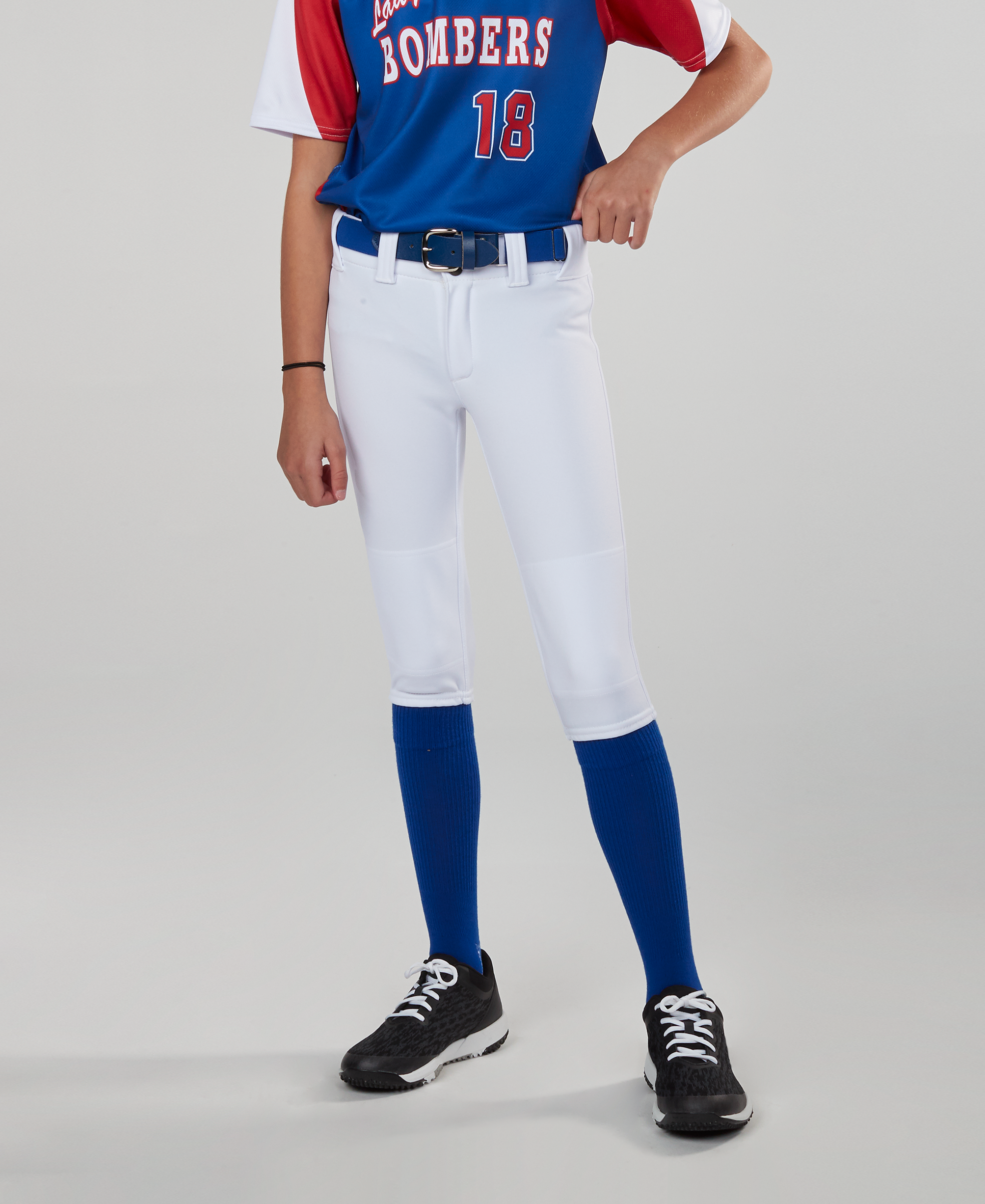 Worth Women’s Softball Fastpitch Pants – Elastic Waist, White/Gray/Blue, Knee Length, CLOSEOUT